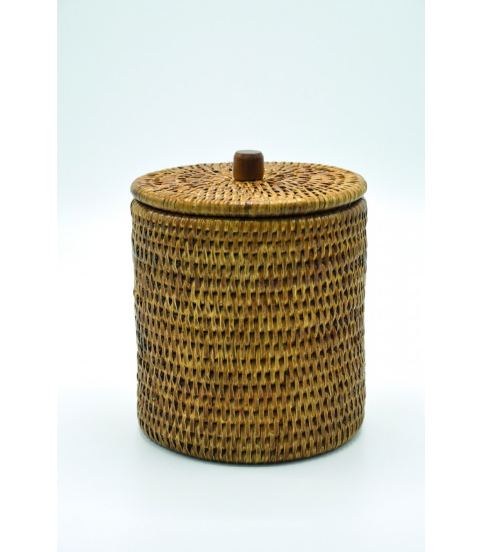 Box round rattan with lid Blue silver white brushed