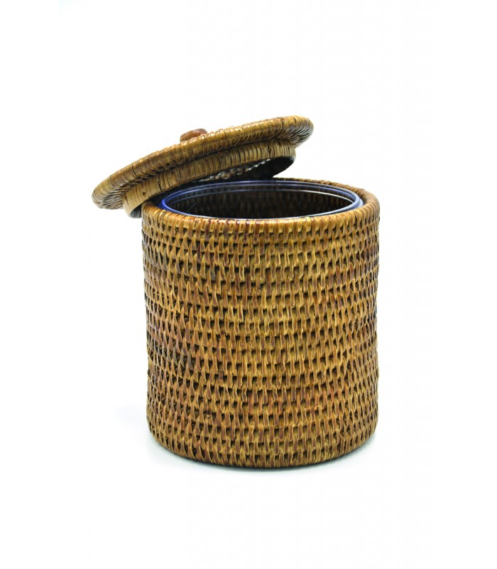 Box round rattan with lid Blue silver white brushed