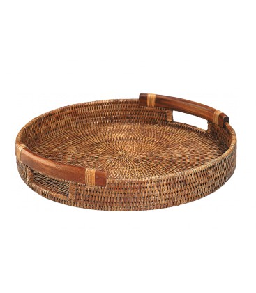 Tray with round handles wood Fiji - rattan honey