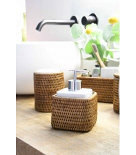 Dispenser soap rattan white brushed and white porcelain Mahé