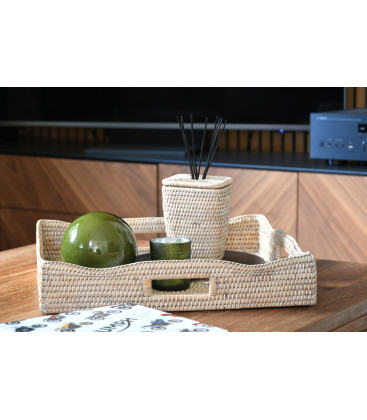 Large tray square wave Océlia - rattan white brushed