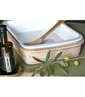 Plat carré porcelaine et rotin naturel miel Dhala