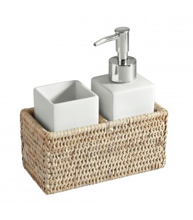 Ensemble pour salle de bain rotin blanc cérusé et porcelaine