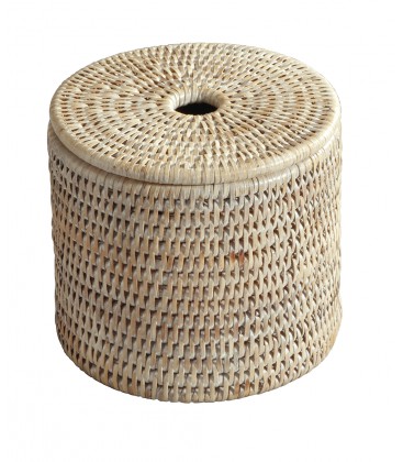 Boîte à coton cylindrique Lola - rotin blanc cérusé