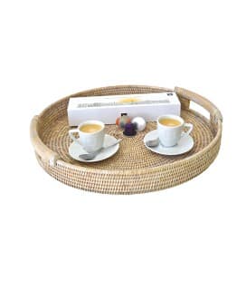 Tray round Sabrina rattan white brushed with handles wood