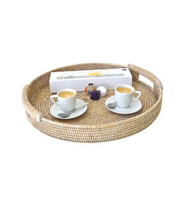 Tray round Samoa rattan white brushed with handles wood