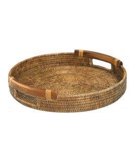 Tray round Samoa rattan honey with handles wood