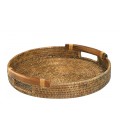 Tray round Samoa rattan honey with handles wood